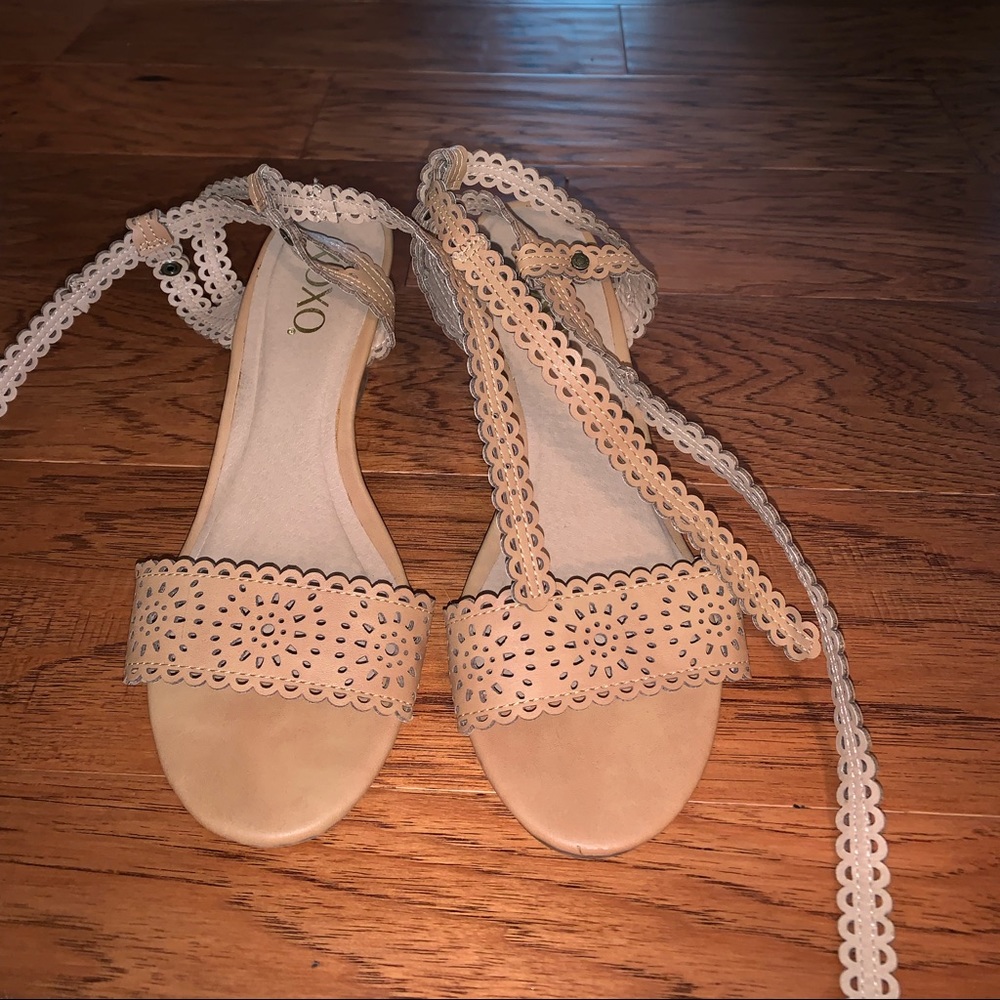 Tan wrap around ankle wedges
